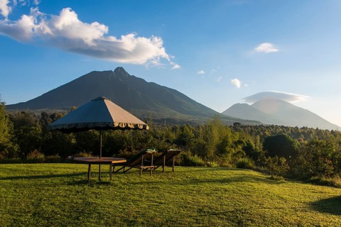Sun umbrella and loungers in a luxury hotel in the Virunga National Park