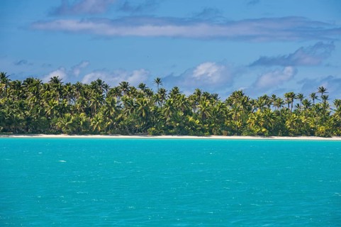 White sand beach and palm fringed beach in Aitutaki lagoon