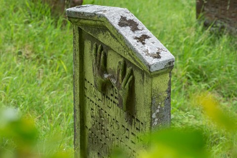 Gravestone with the symbol of the Priests' hands at the historic Jewish cemetery