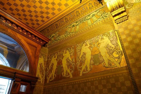 Entrance area with wall painting of the Palazzi degli Ambasciatori Embassy palaces with archway to the Quartiere Coppede