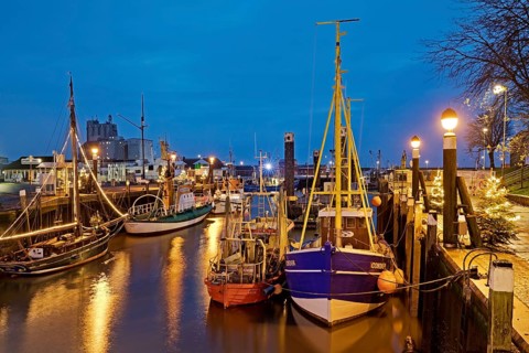 Historic harbour at Christmas time in the evening