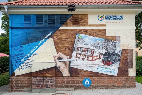 City advertising on a transformer house of the municipal utility in Wernigerode