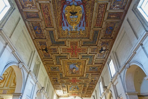 Wooden coffered ceiling of the Basilica of San Sebastiano fuori le mura on the Via Appia Antica