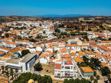 Aerial view of Silves with Moorish castle and historic cathedral
