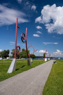 Border strip also called art border with individual sculptures between the German city of Constance and the Swiss city of Kreuzlingen