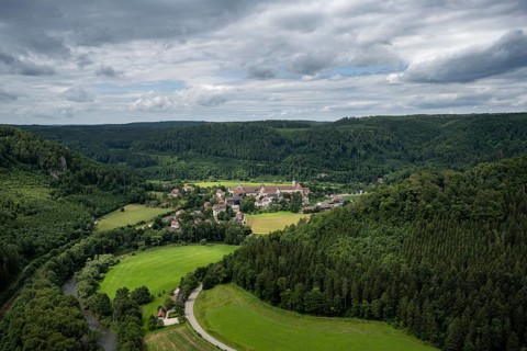 View into the Danube valley of the municipality of Beuron with the archabbey