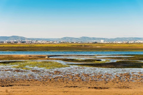 City of Faro seen from Faro Beach Peninsula with wetlands of Ria Formosa in between