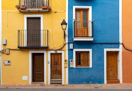 Close-up of colorful windows and doors of fishermen's houses in Villajoyosa