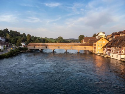View across the Rhine to Diessenhofen with the historic wooden bridge