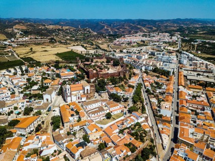 Aerial view of Silves with Moorish castle and historic cathedral