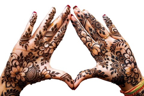 Hand of Hindu bride painted with hennas isolated on white background