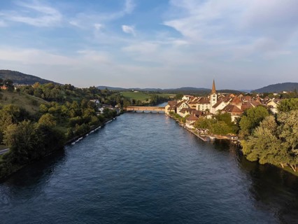 View across the Rhine to Diessenhofen with the historic wooden bridge
