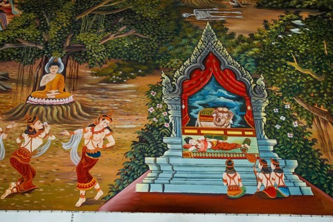 Mural with dancers and Buddha in Buddhist temple