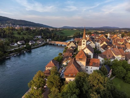 View over the old town of Diessenhofen to the Rhine with the historic wooden bridge