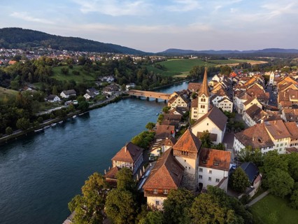 View over the old town of Diessenhofen to the Rhine with the historic wooden bridge
