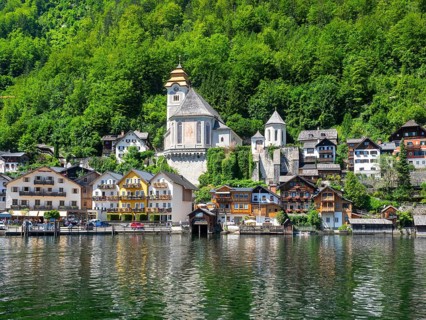 Village view of Hallstatt on Lake Hallstatt with Catholic church