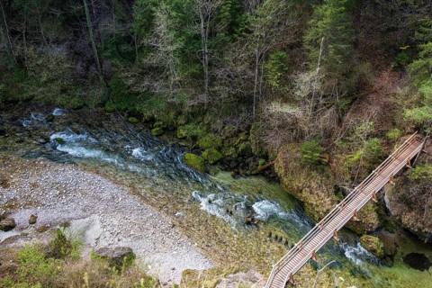 Steyrschlucht with wooden bridge over Steyr