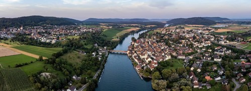 View across the Rhine to Diessenhofen with the historic wooden bridge