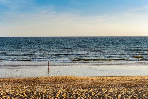 Surfers training skills in the ocean with their coach on the beach