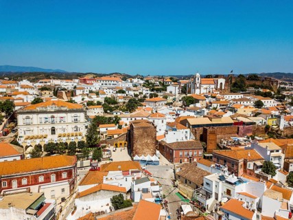 Aerial view of Silves with Moorish castle and historic cathedral