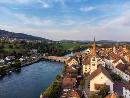 View over the old town of Diessenhofen to the Rhine with the historic wooden bridge