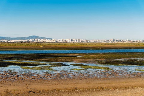 City of Faro seen from Faro Beach Peninsula with wetlands of Ria Formosa in between