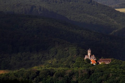 View from Bornhagen to Ludwigstein Castle in the Werra-Meissner district in Hesse