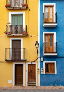 Close-up of colorful windows and doors of fishermen's houses in Villajoyosa