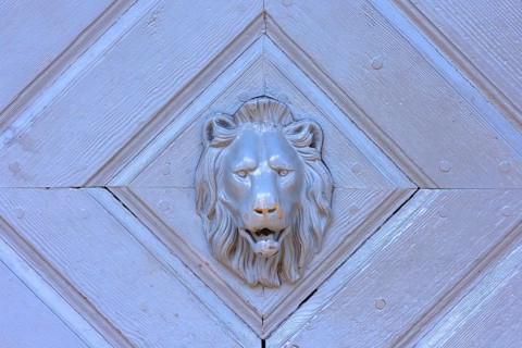 Lion's head as a door knocker on a gate
