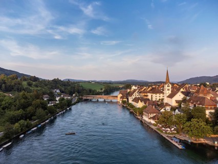 View across the Rhine to Diessenhofen with the historic wooden bridge