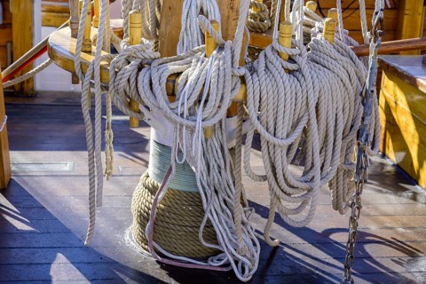 Rope on old sailing ship in the harbour of