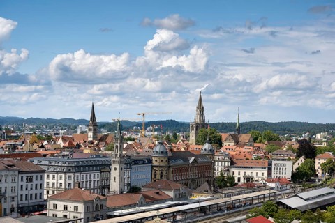 View from the Klein-Venedig district of Constance over the city centre of Constance with the Constance Minster