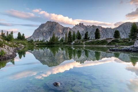 Morning atmosphere at the lake Lago de Limides and Tofana di Rozes
