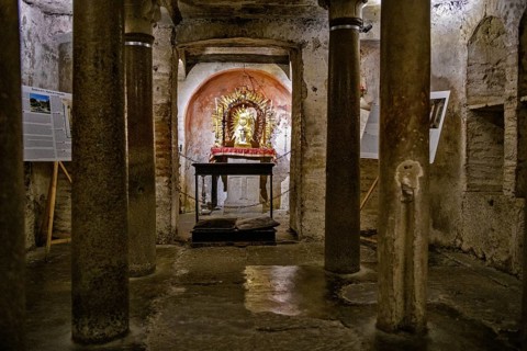 Columned room in crypt of Pope Adrian I in ancient cellar of Church of Santa Maria in Cosmedin