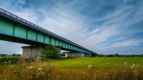View from the bottom of the 'Knybawski Bridge' over the Vistula River. Tczew