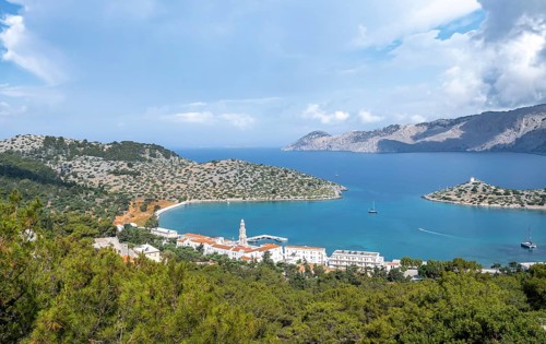 View of Monastery of Archangel Michael Panormitis and Panormitis Bay