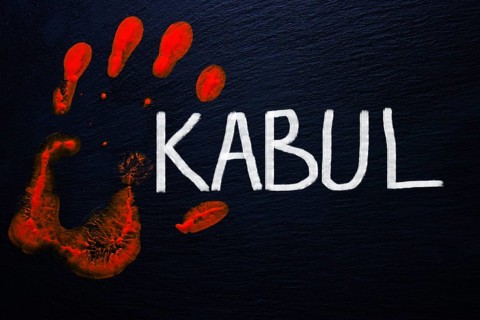 Slate with a bloody handprint and the inscription Kabul