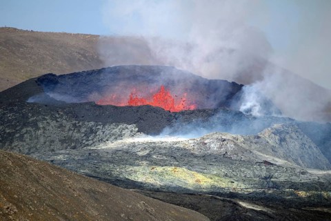Sulphur fields in front of volcanic craters