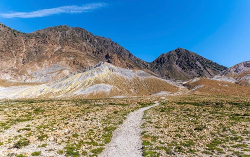 Hiking trail with view of caldera and volcanic crater