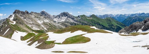 Old snow fields and mountain panorama with summit of Grosser Krottenkopf and Ramstallkopf