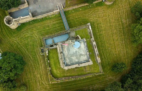 Bird's-eye view of ruins of partly reconstructed former moated castle Altendorf from the Middle Ages