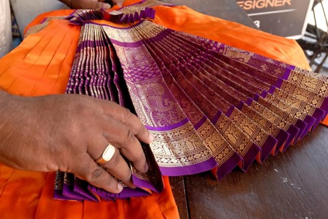 A tailor making Bharat Natyam costume at Mylapore