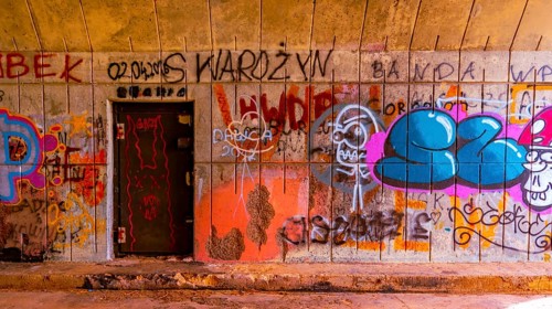 Graffiti. Tunnel under the 'Knybawa Bridge' on the Vistula River. Tczew