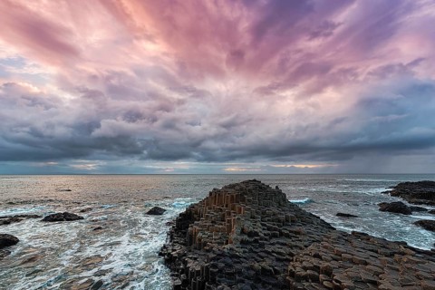 Coast with basalt columns in the evening