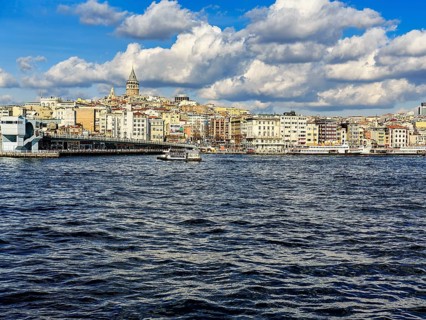 View across the Bosphorus to the Karakoey district with Galata Bridge and Galata Tower