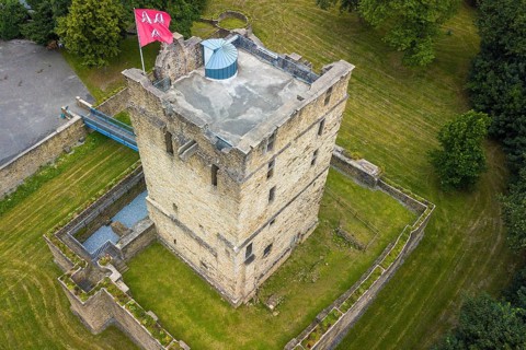 Bird's-eye view of ruins of partially reconstructed former moated castle Burg Altendorf from the Middle Ages
