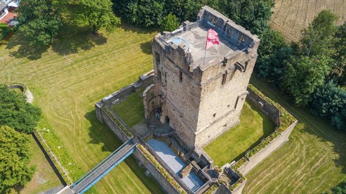Bird's eye view of ruins of partially reconstructed former moated castle Burg Altendorf from the Middle Ages