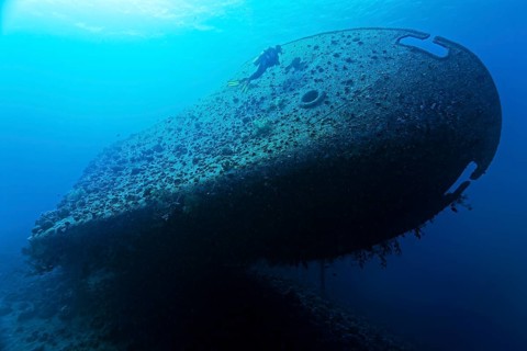 Diver at the bow of the Cedar Pride