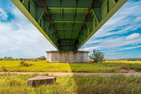 Bridge pillar and span. View from the bottom of the 'Knybawski Bridge' over the Vistula River. Tczew