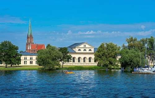Schwerin Cathedral with the Marstall and the pier of the White Fleet